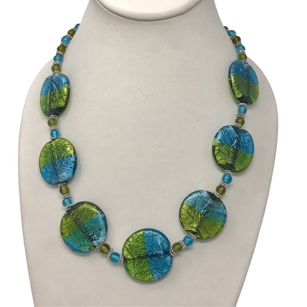 Vintage Glass Necklace Teal Blue & Green Metallic Statement